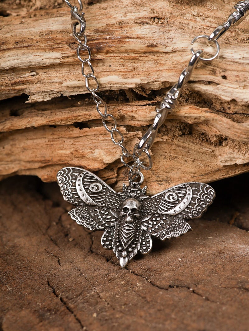 HAQUIL Skull Necklace, Gothic Punk Deathhead Hawkmoth Pendant, Barbed Wire Chain, Gothic Jewelry Gift - Image 2